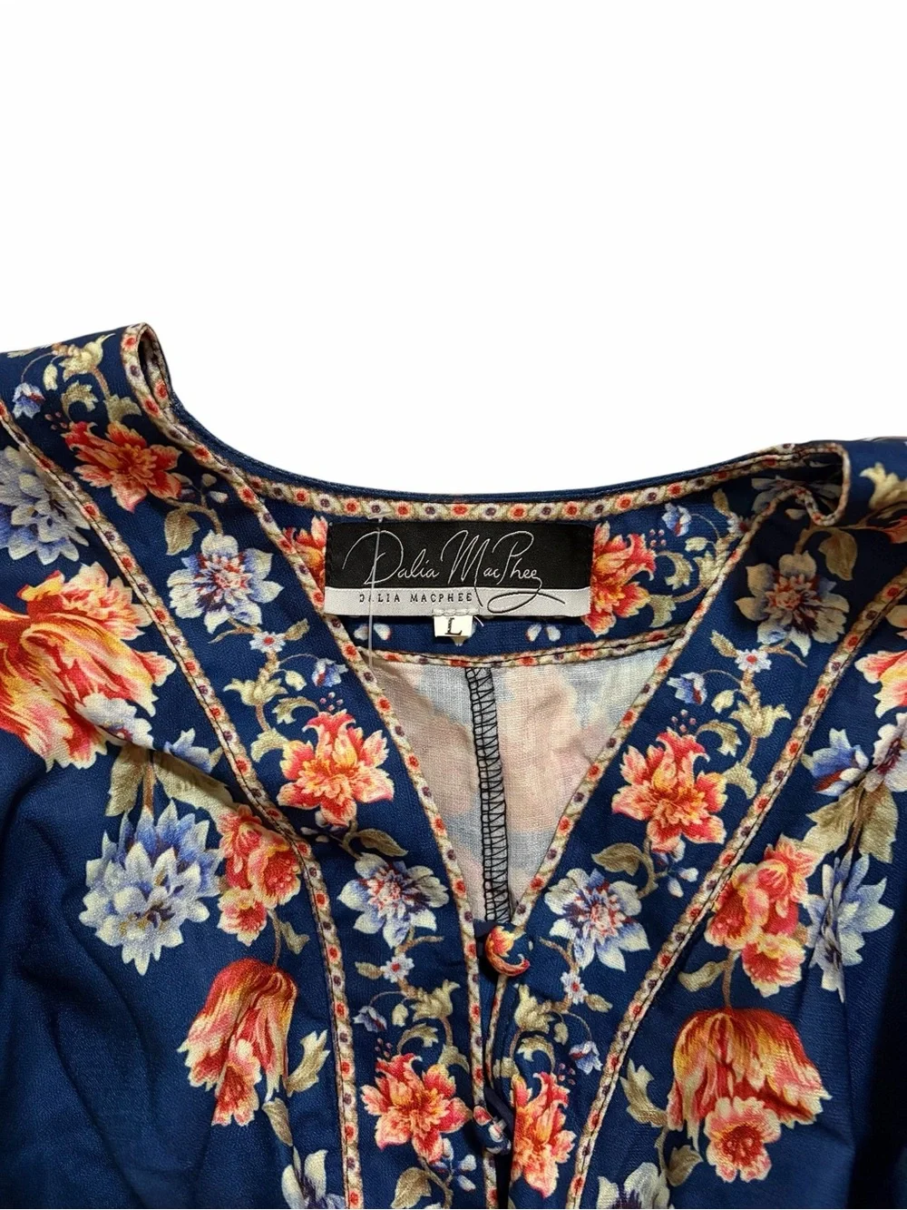 NWOT Dalia Macphee  Navy Floral Embroidered Mini Dress with Belt Size-Large - Picture 8 of 8